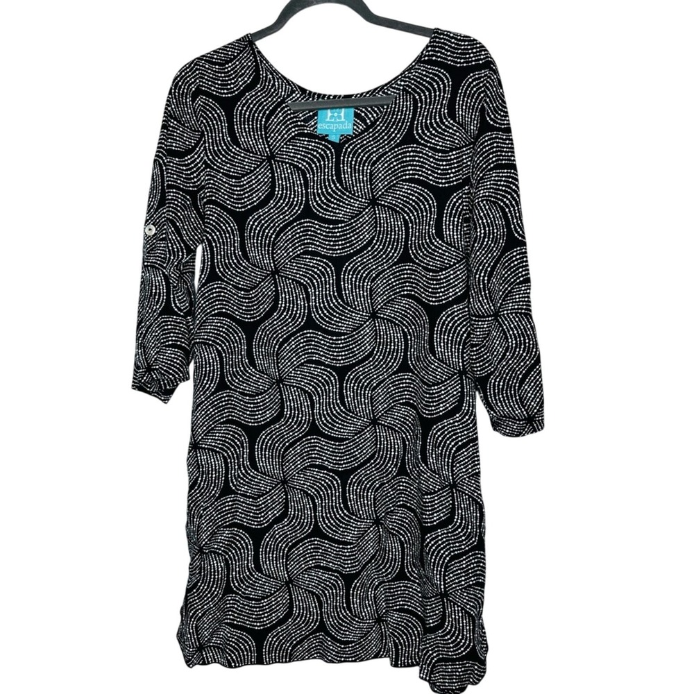 Women's Escapada Size Small Black Shift Dress 3/4 Sleeve‎ Abstract Mature Office